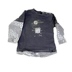 Miniman Boys 2t Navy Blue Graphic Print Long Sleeved Retro Shirt Faux Sleeve
